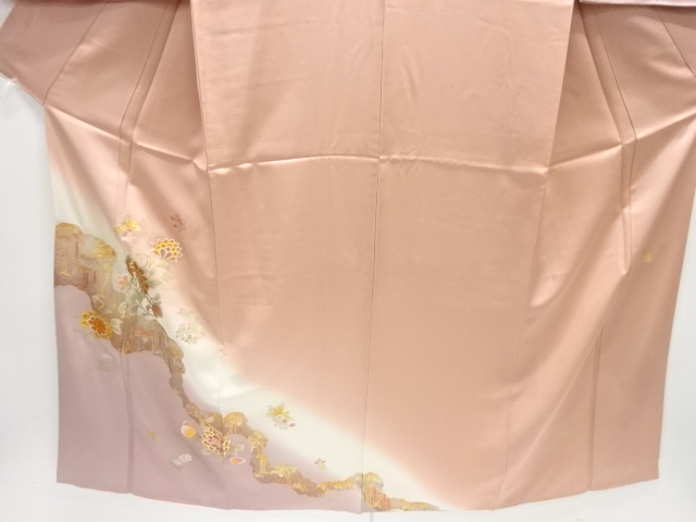  和田光正作　箔置き霞取りに唐花・花喰い鳥模様訪問着